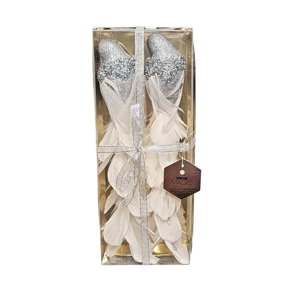 Winter Magic Feather Tree Clips Silver White Glitter Bird Ornaments Set of 2